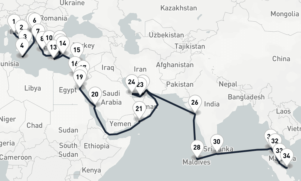 52 days, one-way from Civitavecchia-Rome to Singapore 53日間