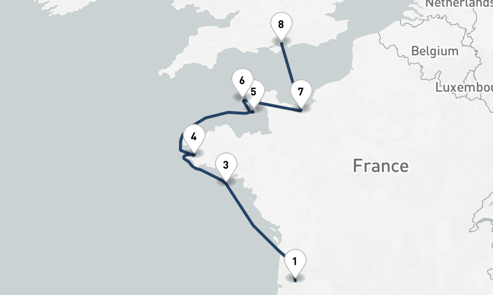 7 days, one-way from Bordeaux to Portsmouth UK 8日間