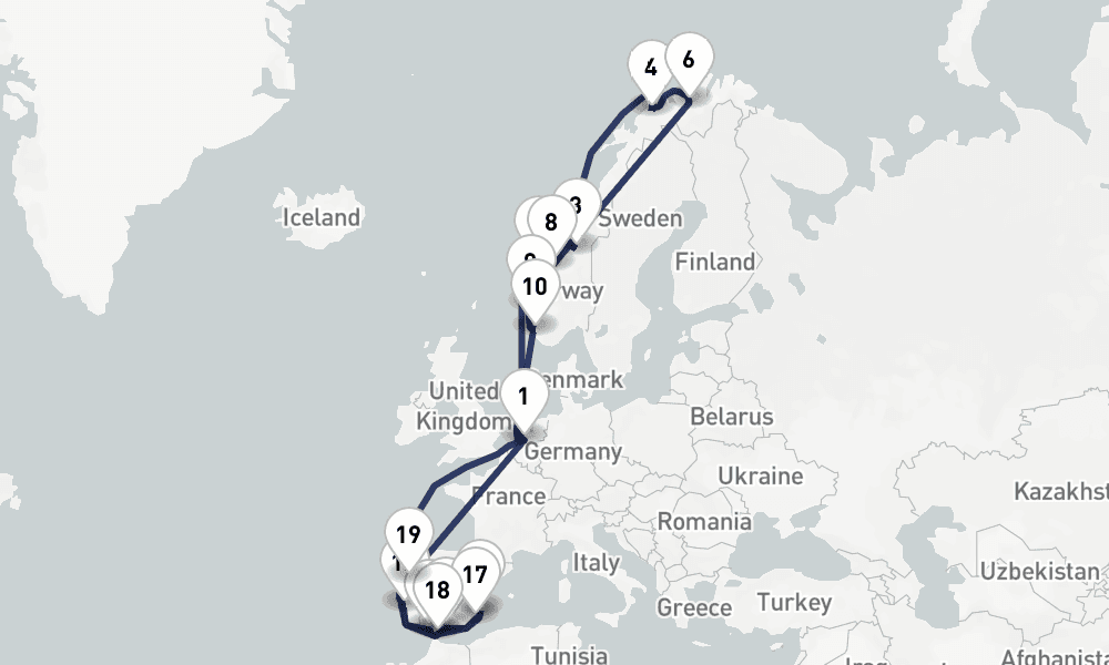 28 days, round-trip Northern Lights Mediterranean Lisbon Overnight 29日間