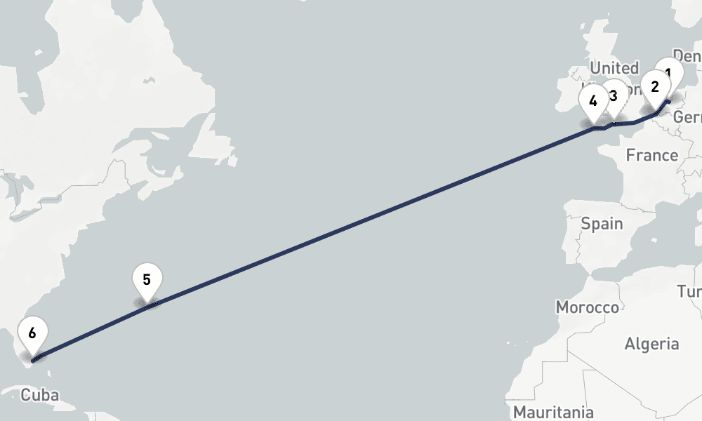 13 days, one-way from Amsterdam to Fort Lauderdale 14日間