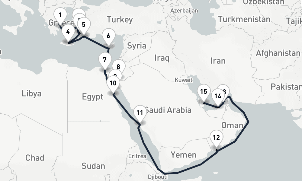 21 days, one-way from Piraeus-Athens to Doha Qatar 22日間