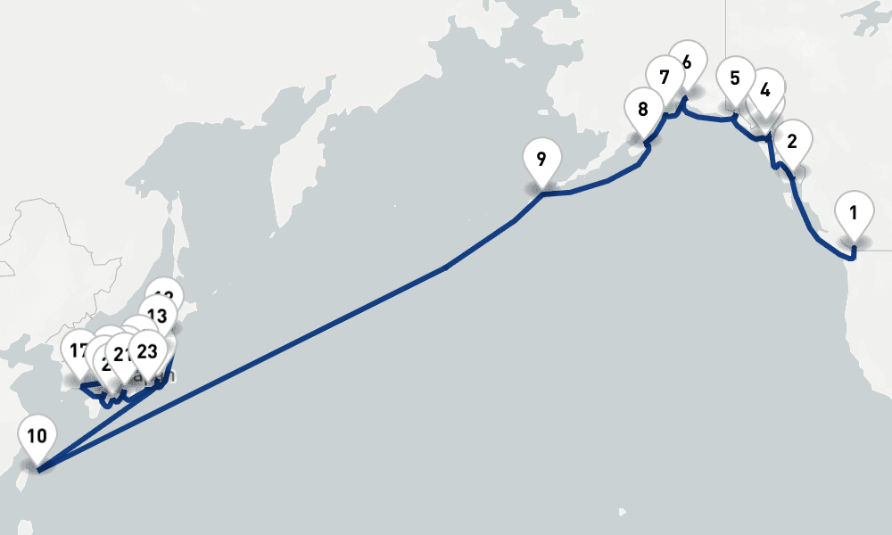 36 nights / 37 days, one-way from Vancouver (BC Canada) to Tokyo
