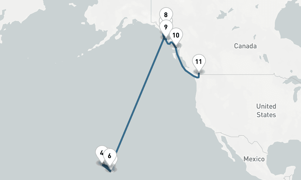 16 days, one-way from Honolulu to Vancouver 17日間