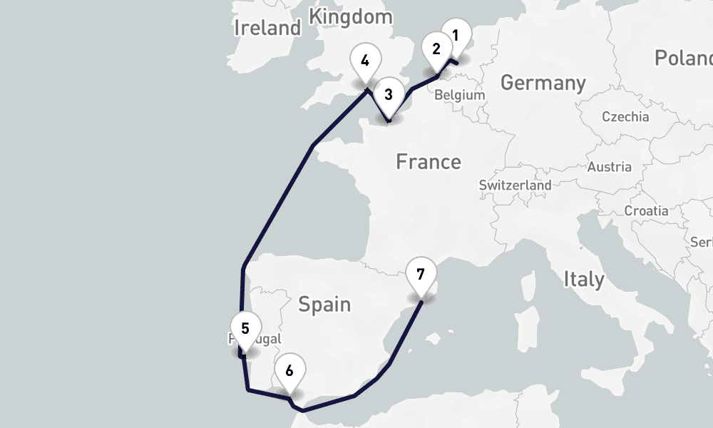 9 days, one-way from Rotterdam to Barcelona 10日間