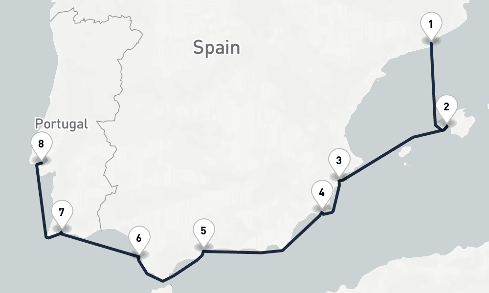 7 days, one-way from Barcelona to Lisbon 8日間