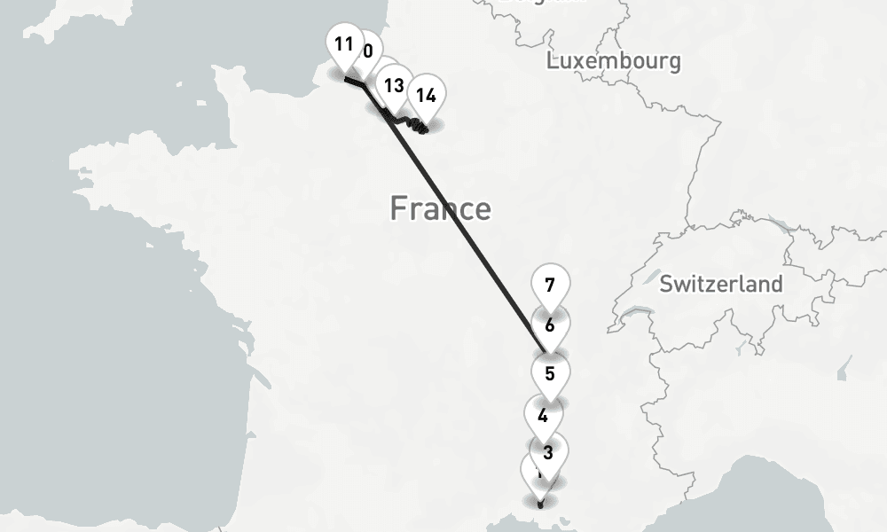 14 days, one-way from Arles to Paris City 15日間