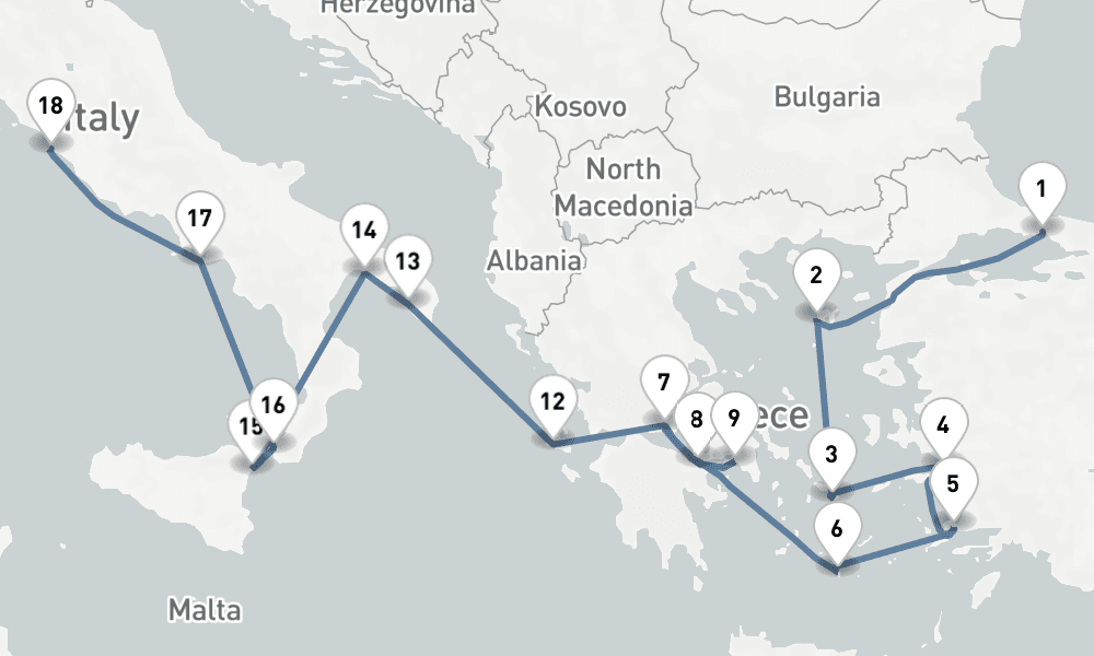 16 days, one-way from Istanbul to Civitavecchia-Rome 17日間