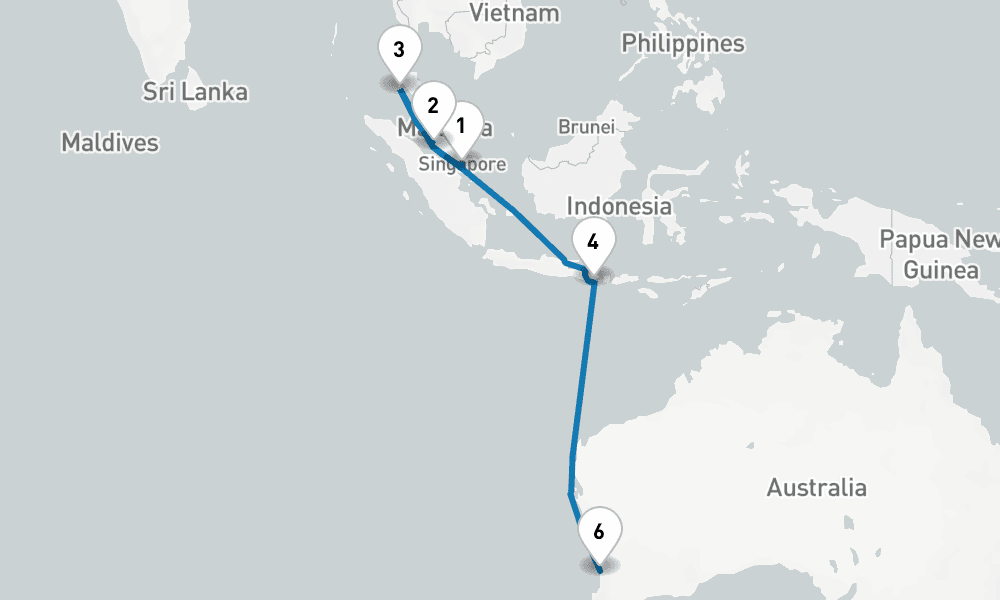 12 days, one-way from Singapore to Fremantle 13日間