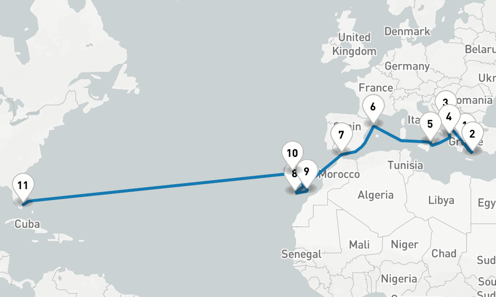 21 days, one-way from Piraeus-Athens to Fort Lauderdale 22日間