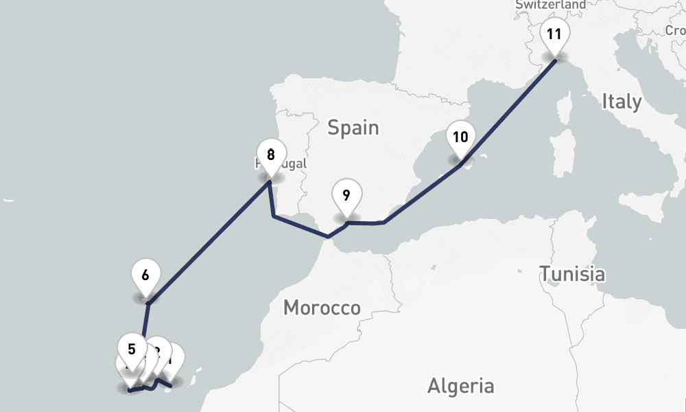 14 days, one-way from Las Palmas de Gran Canaria to Savona 15日間
