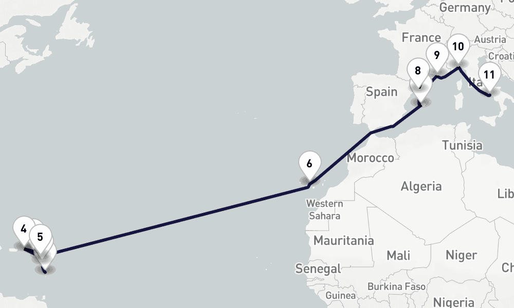 18 days, one-way from Fort-de-France to Naples 19日間