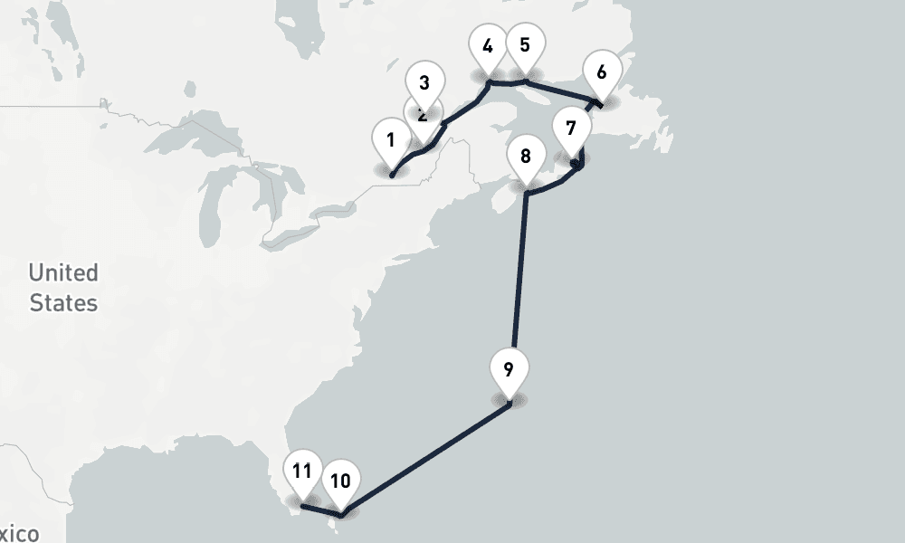 14 days, one-way from Montreal to Miami 15日間