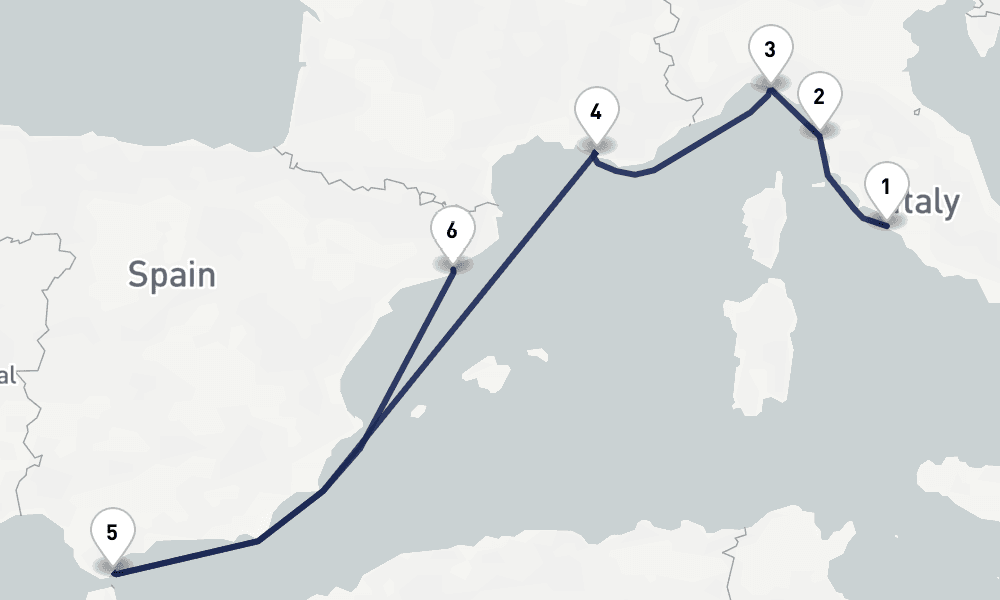 7 days, one-way from Civitavecchia-Rome to Barcelona 8日間
