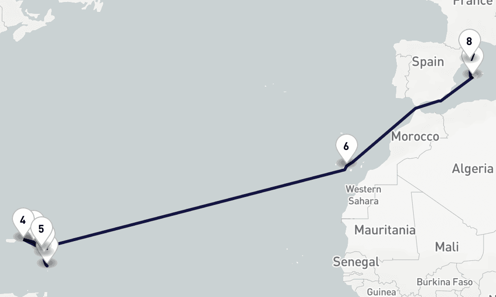 15 days, one-way from Fort-de-France to Barcelona 16日間