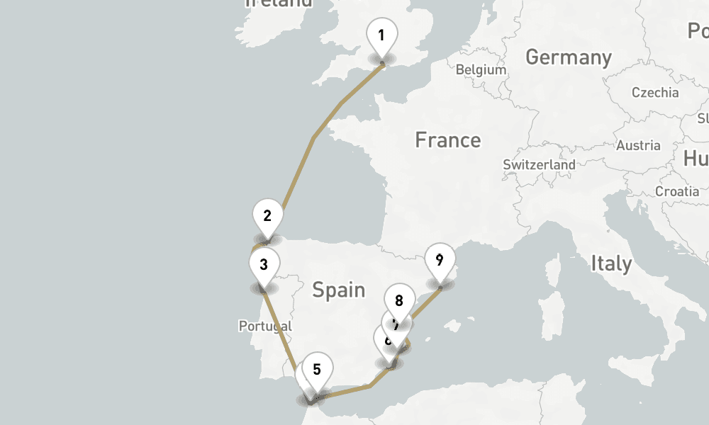 12 days, one-way from Southampton to Barcelona 13日間