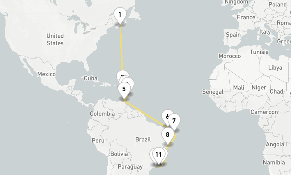 24 days, one-way from Halifax to Rio de Janeiro 25日間