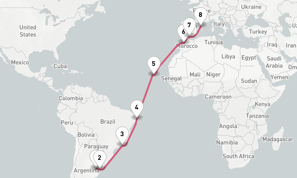 21 days, one-way from Buenos Aires to Barcelona 22日間