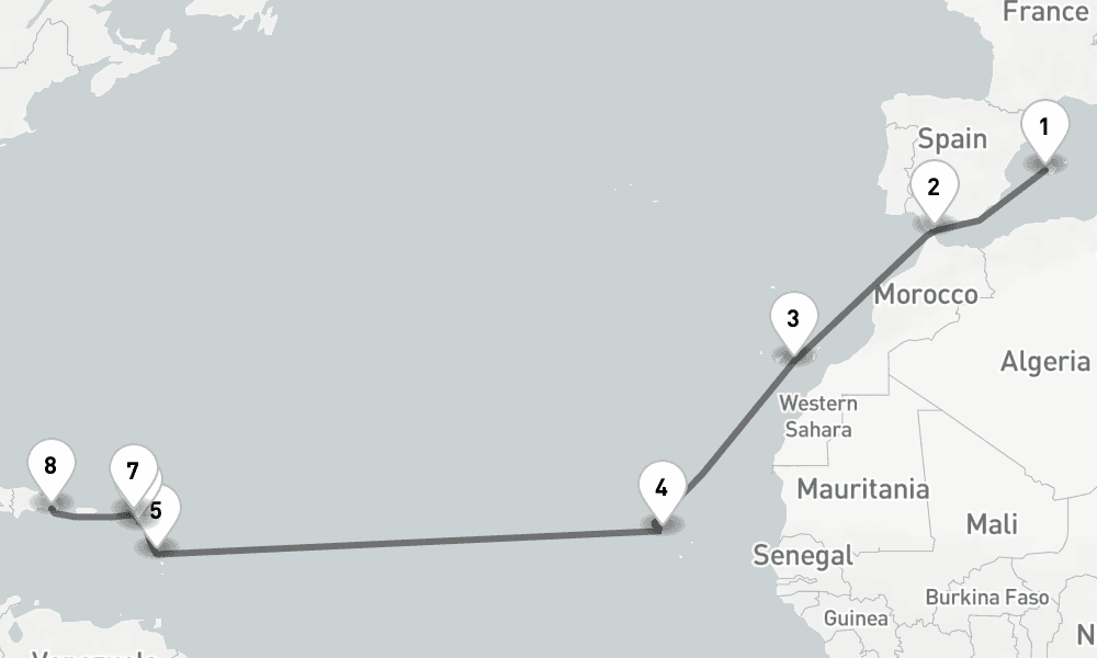 16 days, one-way from Palma de Mallorca to La Romana 17日間