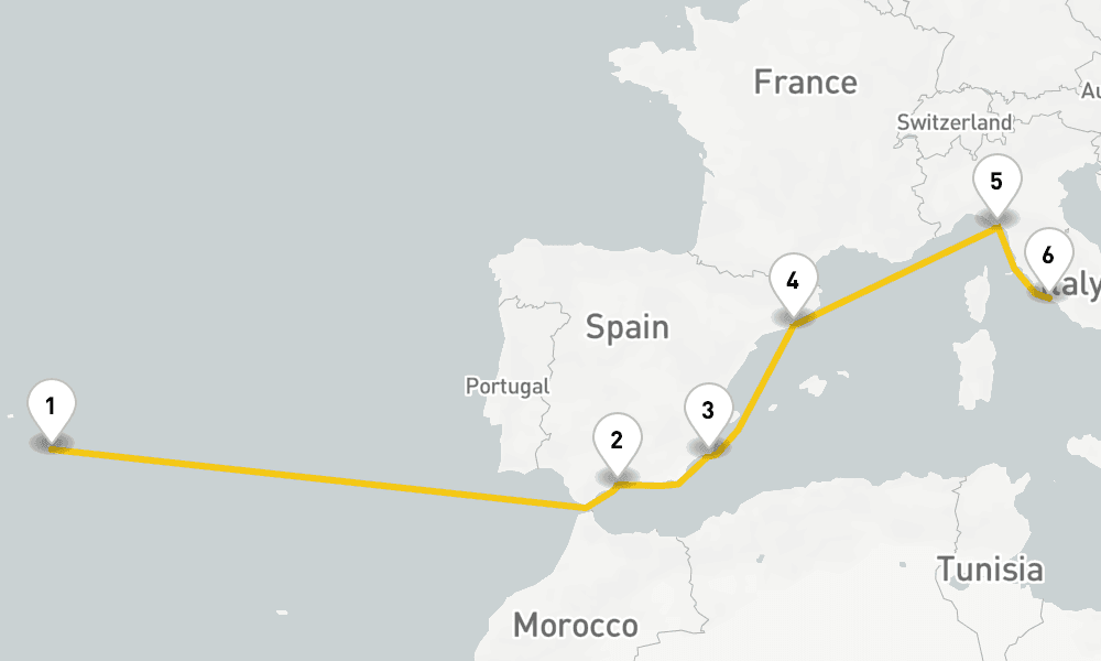 14 days, one-way from New York to Civitavecchia-Rome 15日間
