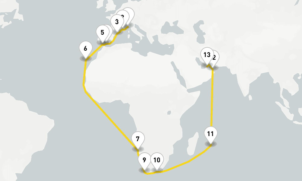 37 days, one-way from Savona to Dubai 38日間