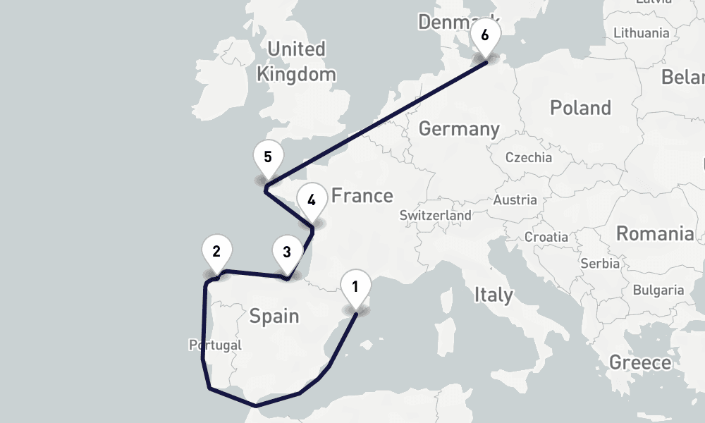 9 days, one-way from Barcelona to Warnemunde-Rostock 10日間