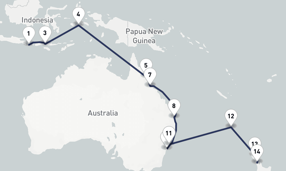 23 days, one-way from Benoa to Auckland 24日間