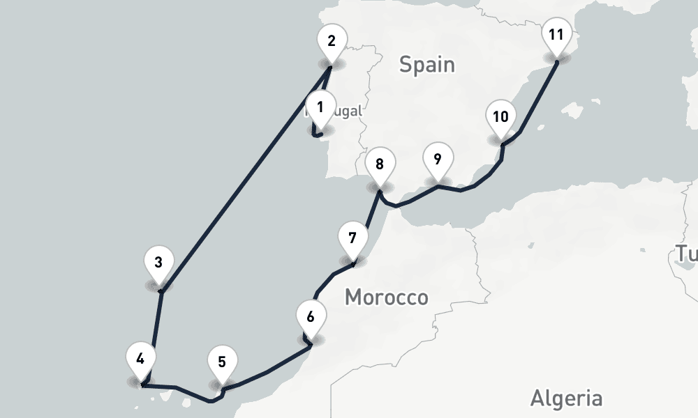 11 days, one-way from Lisbon to Barcelona 12日間
