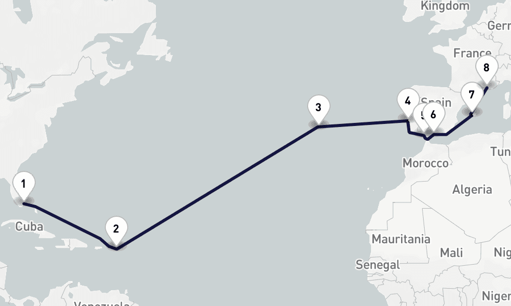 16 days, one-way from Miami to Marseille 17日間