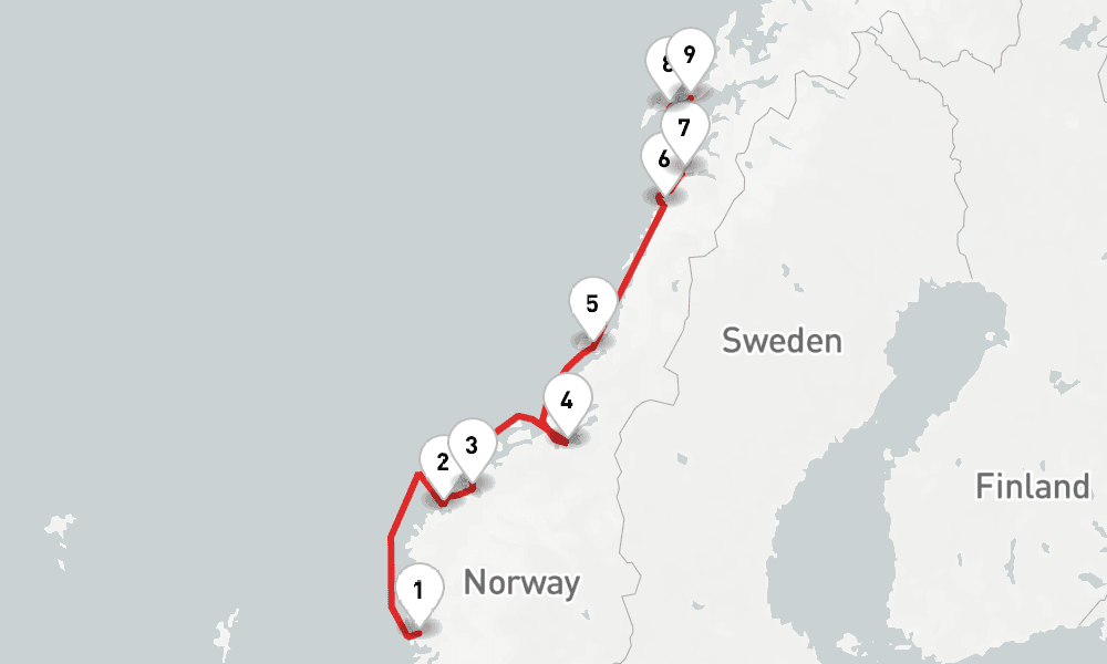 3 nights / 4 days, one-way from Bergen to Svolvaer (Austvagoya Island, Norway)