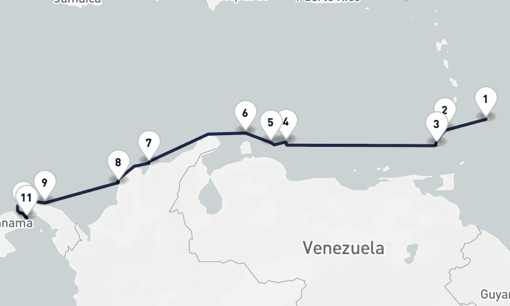14 nights / 15 days, one-way from Bridgetown (Barbados) to Panama City (Fuerte Amador, Balboa)