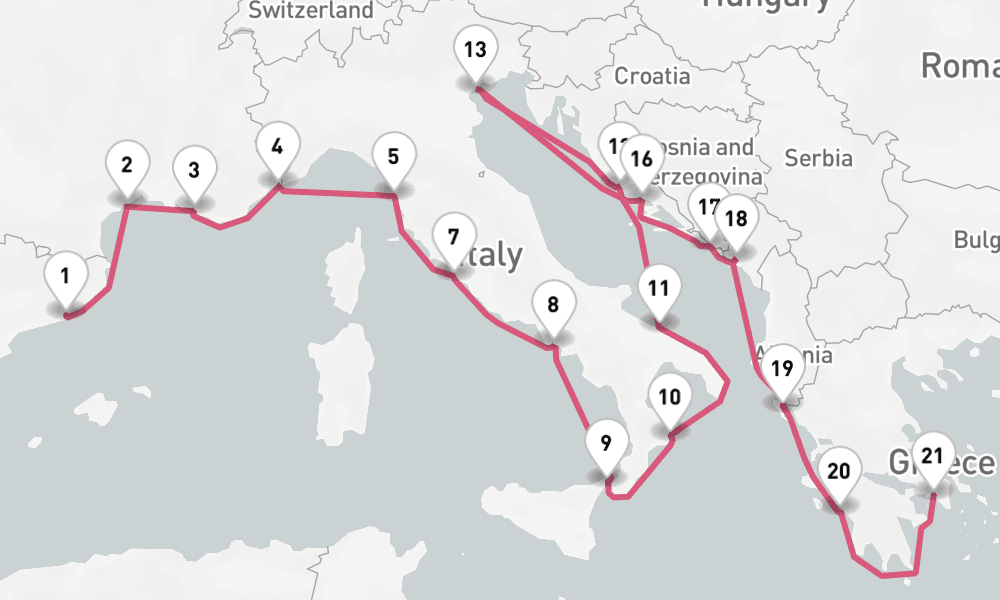 21 nights / 22 days, one-way from Barcelona to Piraeus (Athens, Greece)