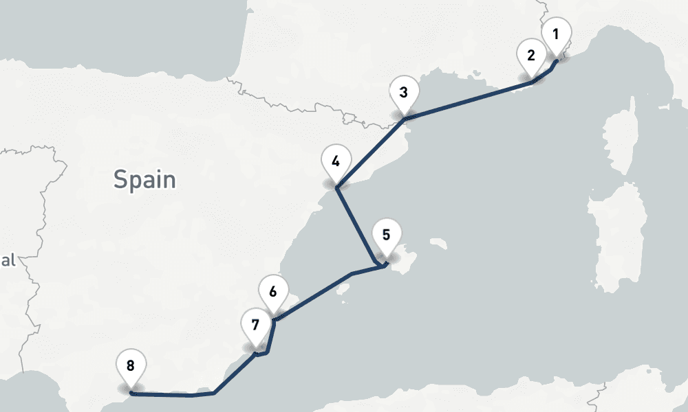 7 nights / 8 days, one-way from Villefranche-sur-Mer (Nice, France Riviera) to Malaga