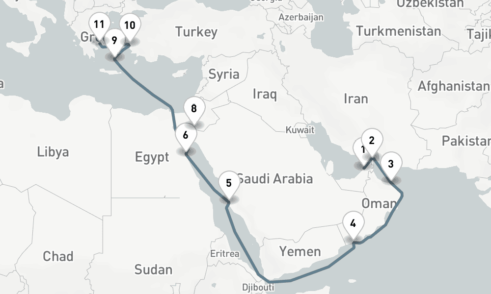 18 nights / 19 days, one-way from Dubai (Port Rashid, UAE) to Piraeus (Athens, Greece)