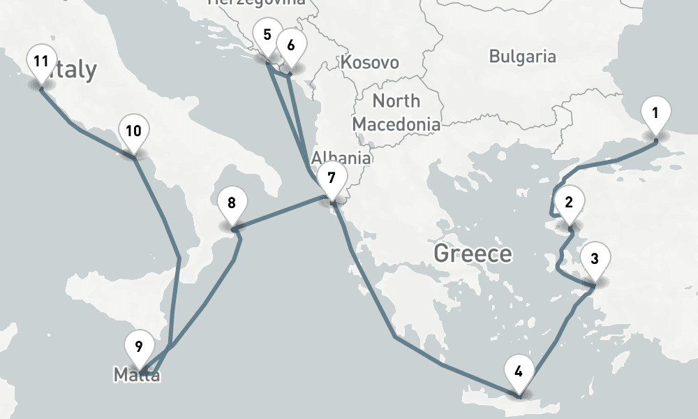 12 nights / 13 days, one-way from Istanbul to Civitavecchia (Rome, Italy)
