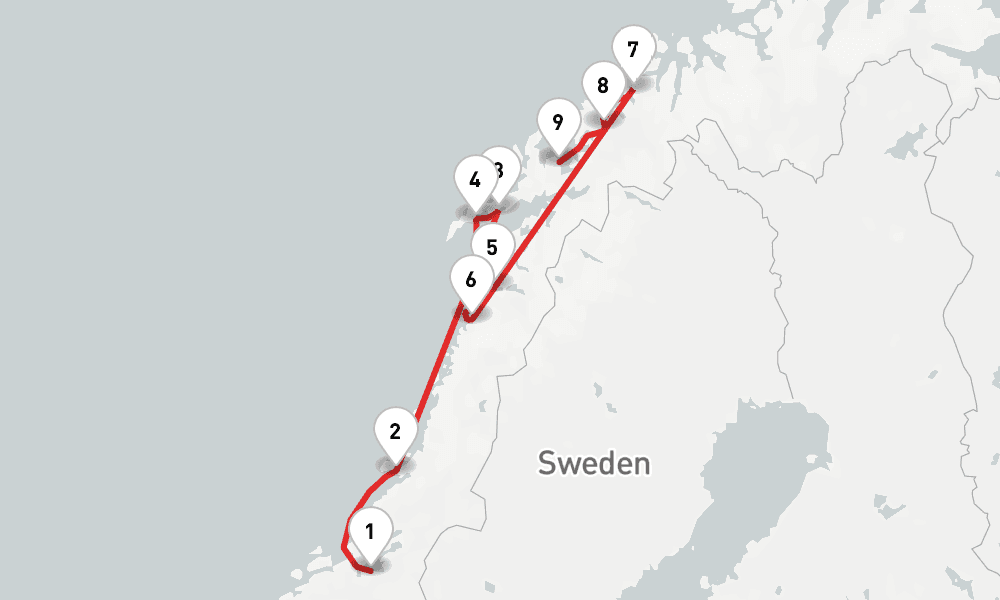 2 nights / 3 days, one-way from Trondheim to Harstad (Hinnoya Island, Norway)