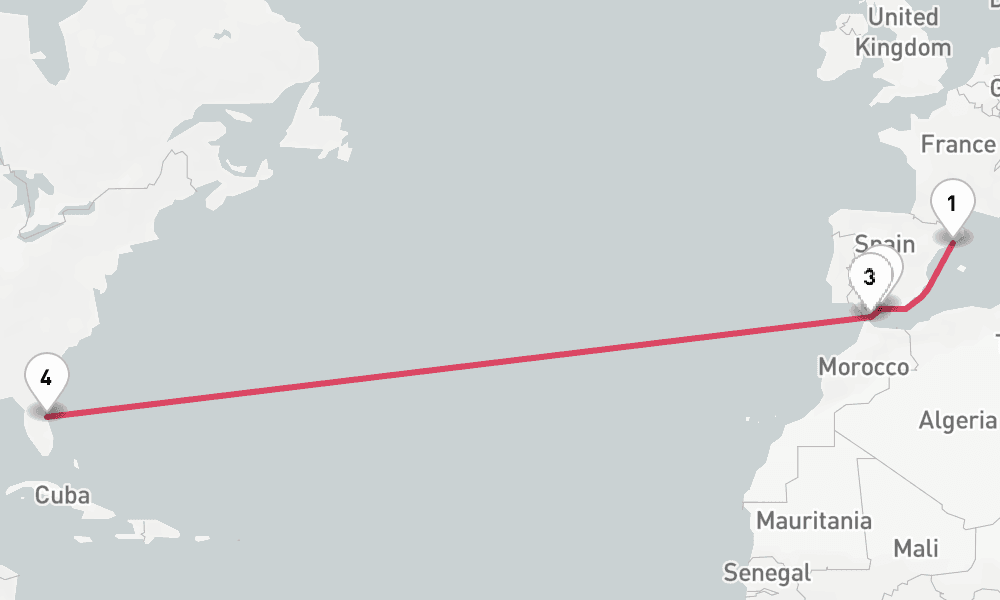 13 nights / 14 days, one-way from Barcelona to Port Canaveral (Orlando, Florida)