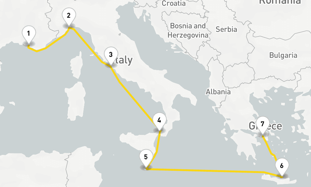 7 nights / 8 days, one-way from Marseille to Piraeus (Athens, Greece)