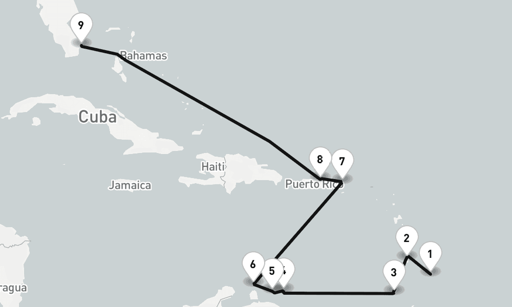 12 nights / 13 days, one-way from Bridgetown (Barbados) to Miami (Florida)