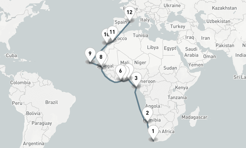 24 nights / 25 days, one-way from Cape Town to Barcelona