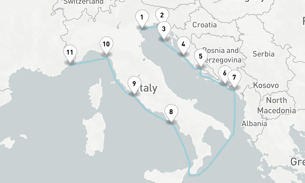 11 days, one-way from Venice to Villefranche-sur-Mer 12日間