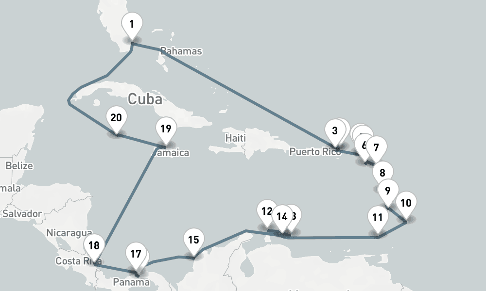 25 days, round-trip Ultimate Island Holiday Miami To Miami 26日間