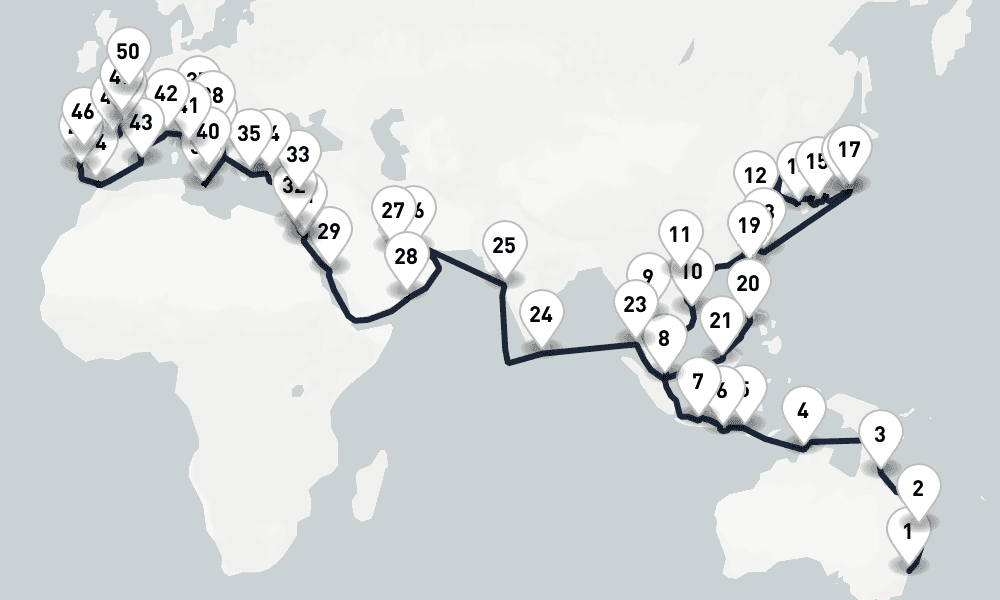 129 days, one-way from Sydney to Southampton 130日間