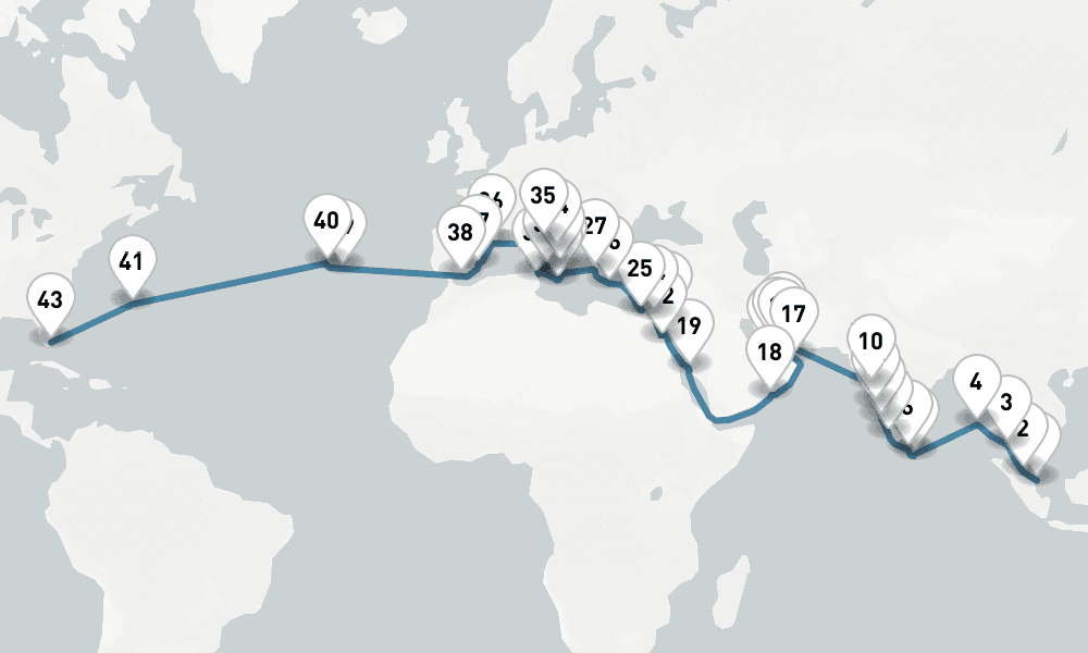 65 days, one-way from Singapore to Fort Lauderdale 66日間