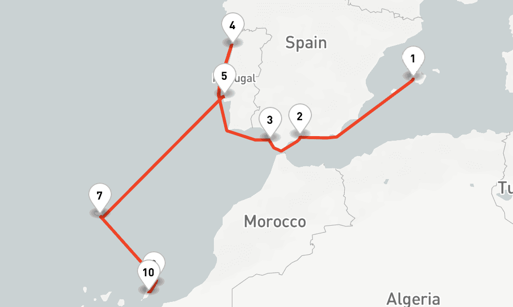 12 days, one-way from Palma de Mallorca to Puerto del Rosario 13日間
