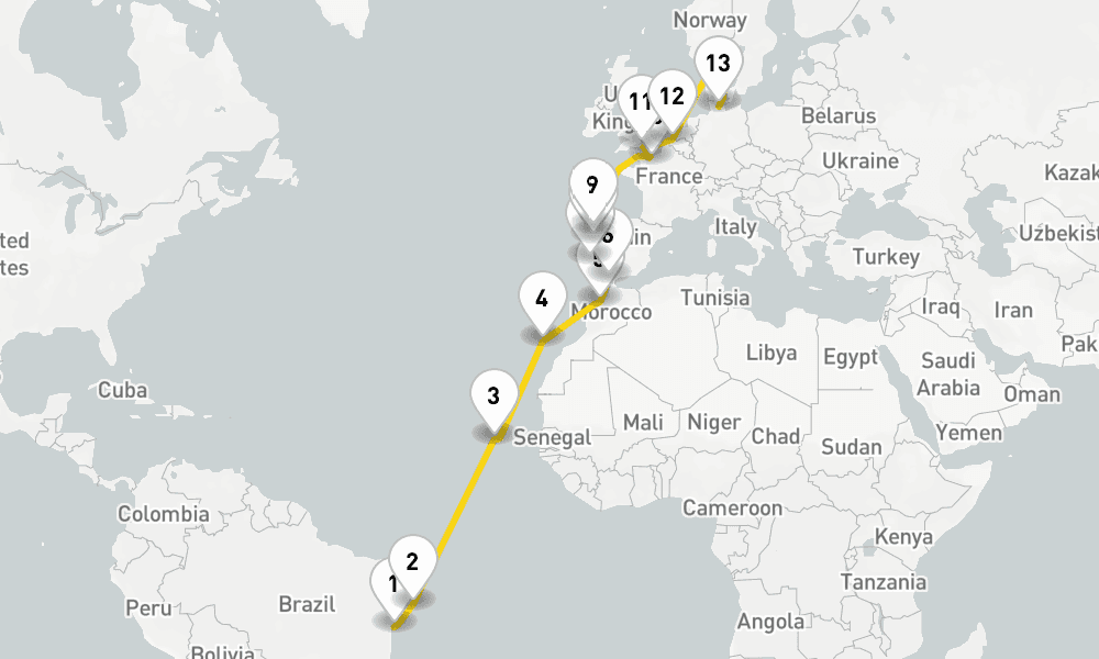 22 days, one-way from Salvador de Bahia to Kiel 23日間