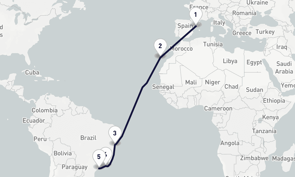 14 days, one-way from Tarragona to Santos 15日間
