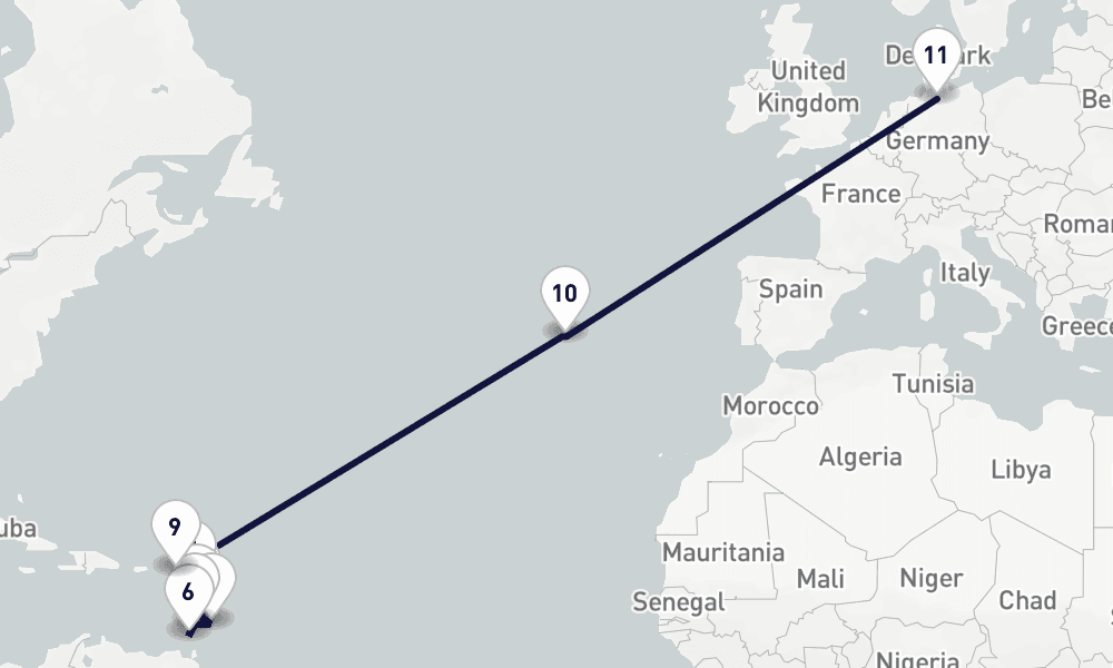 20 days, one-way from Fort-de-France to Hamburg 21日間