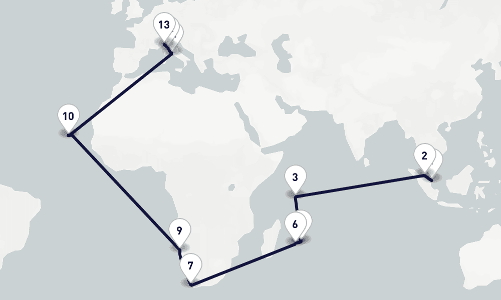 40 days, one-way from Singapore to Genoa 41日間