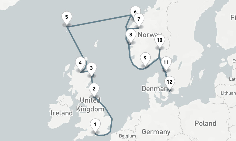 14 days, one-way from Southampton to Copenhagen 15日間