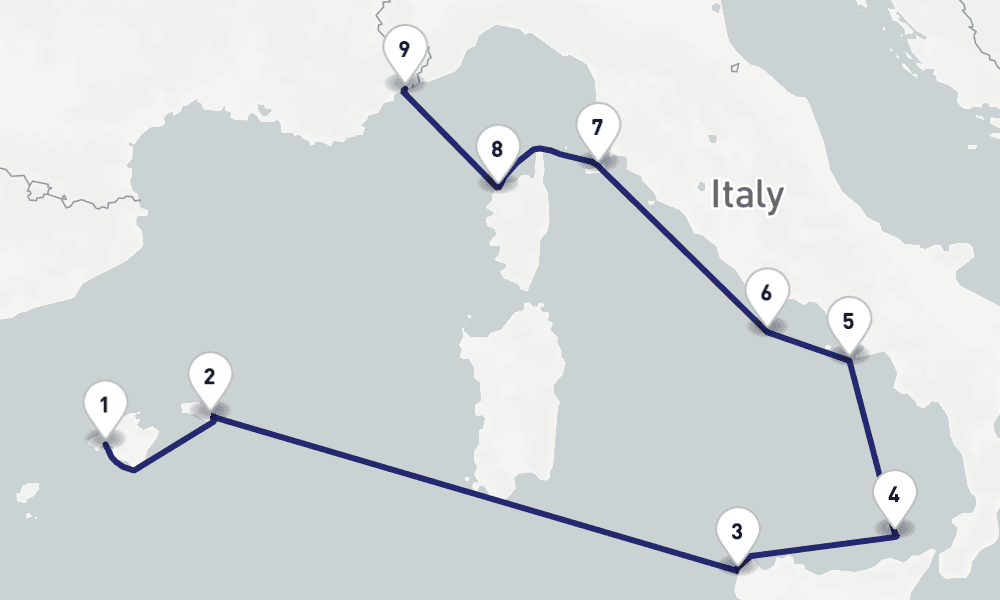 10 nights / 11 days, one-way from Palma de Mallorca (Majorca Island, Spain) to Villefranche-sur-Mer (Nice, France Riviera)